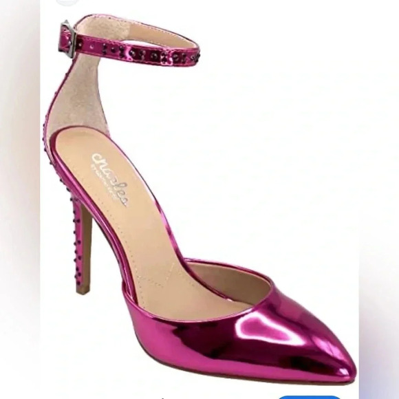 Anthropologie Charles David Poison Jeweled Heel Pump Ankle Strap Fuchsia 9.5 NEW - Picture 1 of 3